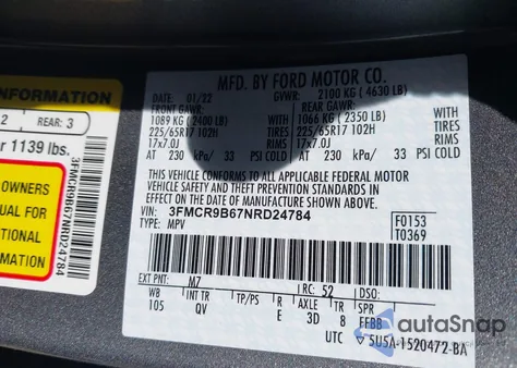 2022 Ford Bronco Sport Big Bend z USA, uszkodzony, nr VIN 3FMCR9B67NRD24784